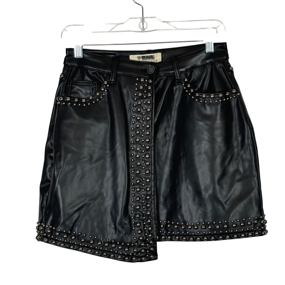 Rock & Roll Denim Women's Faux Leather Studded Mini Skirt High Rise size 26